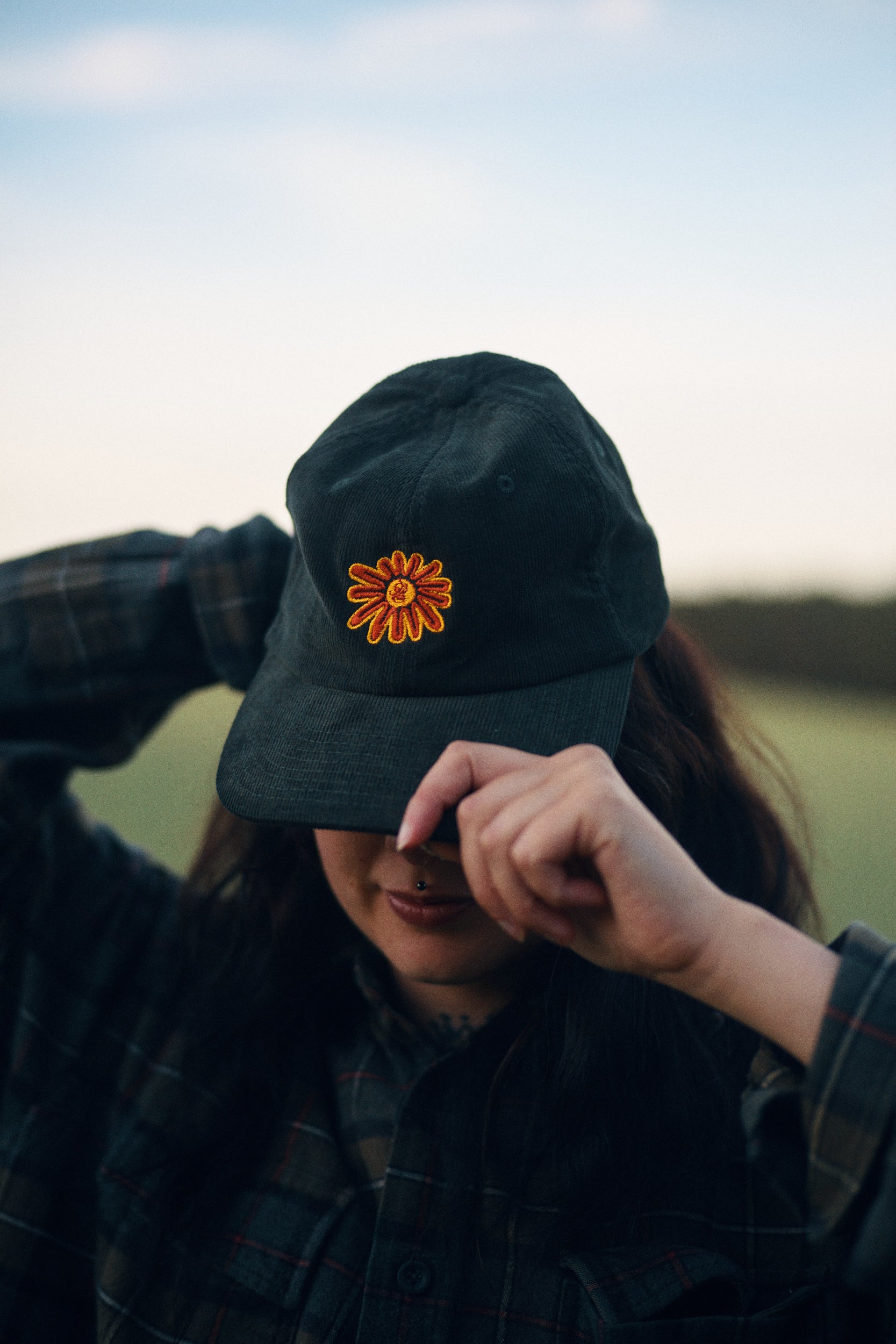 Flower Corduroy Cap Green